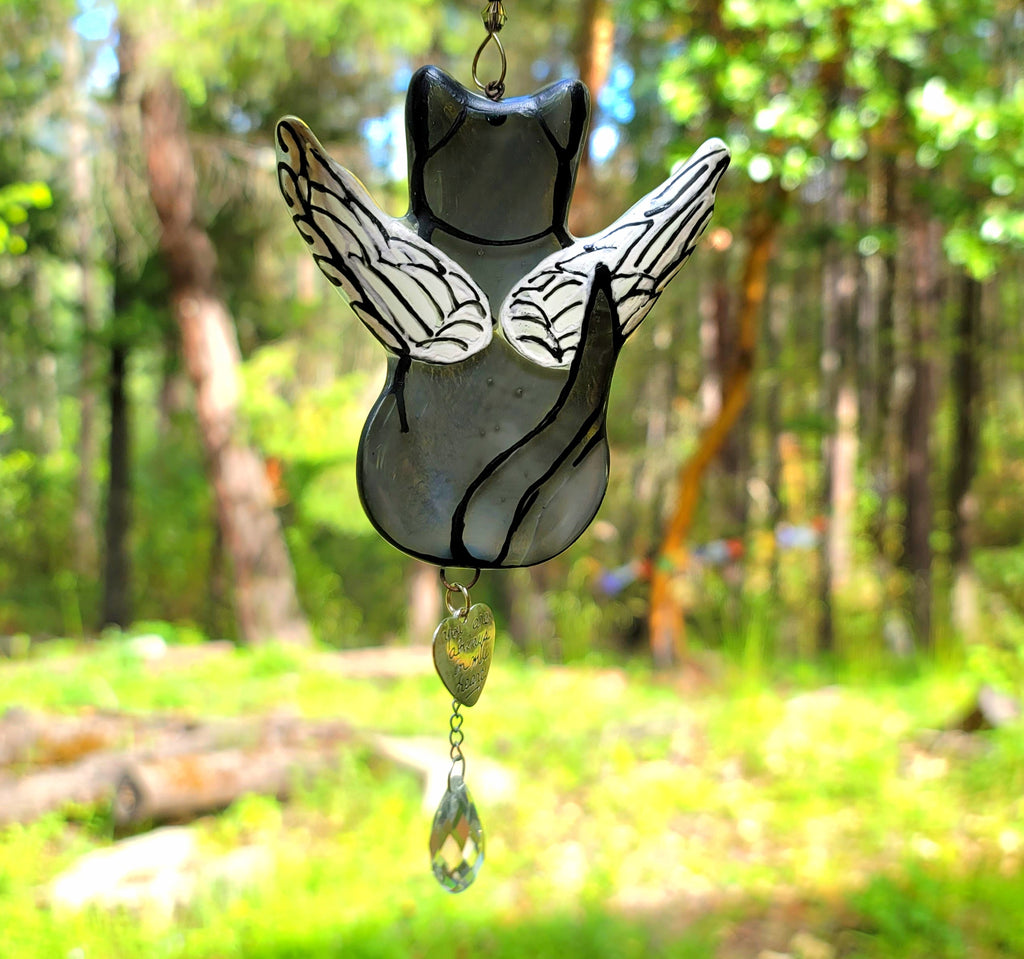 NEW Angel Kitty Cat Cremation Art Sun Catcher Ashes Infused Glass Memorial 4 inch