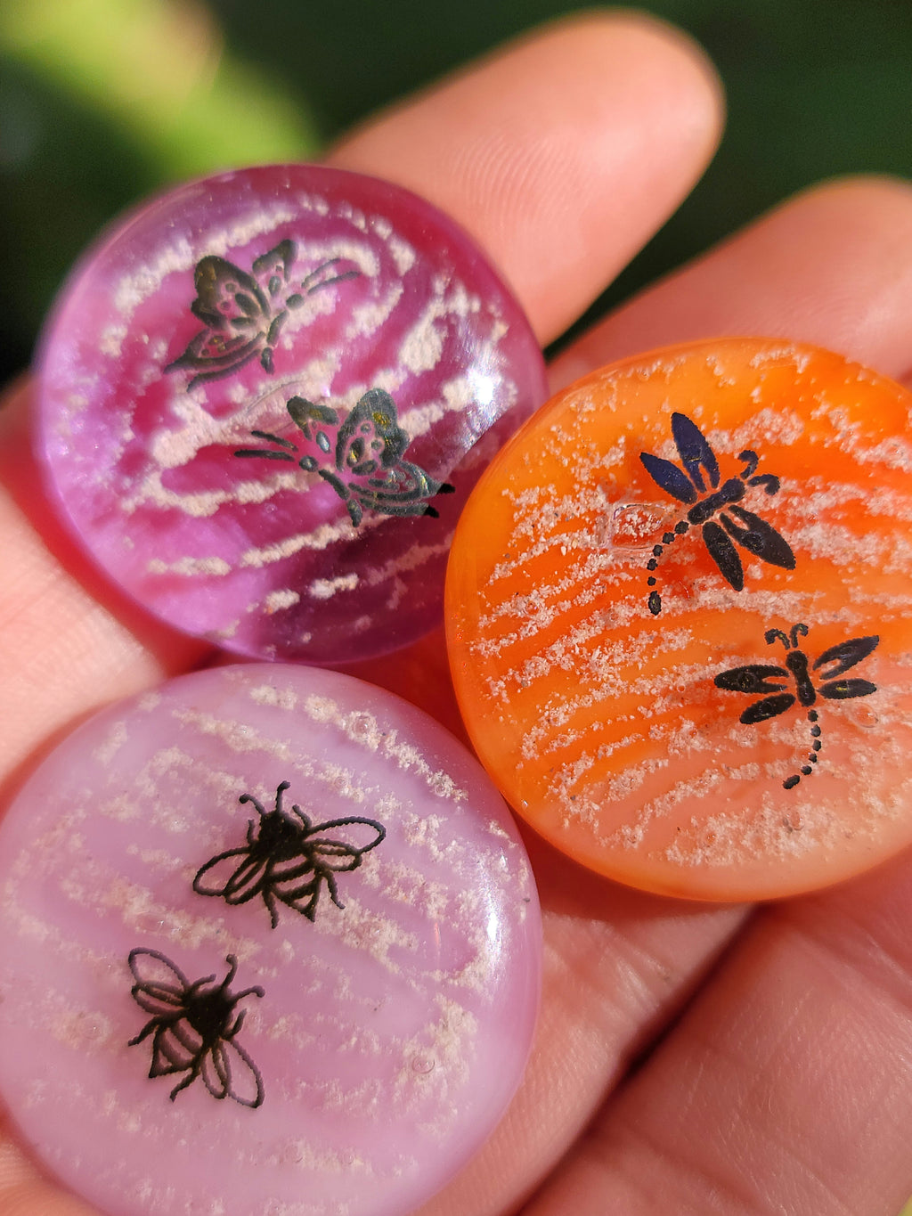 1.25 inch Customizable Bumblebee, Butterfly, Dragonfly Cremation Pocket Stones 4 (set) Ashes InFused Glass stones in Velvet Bag