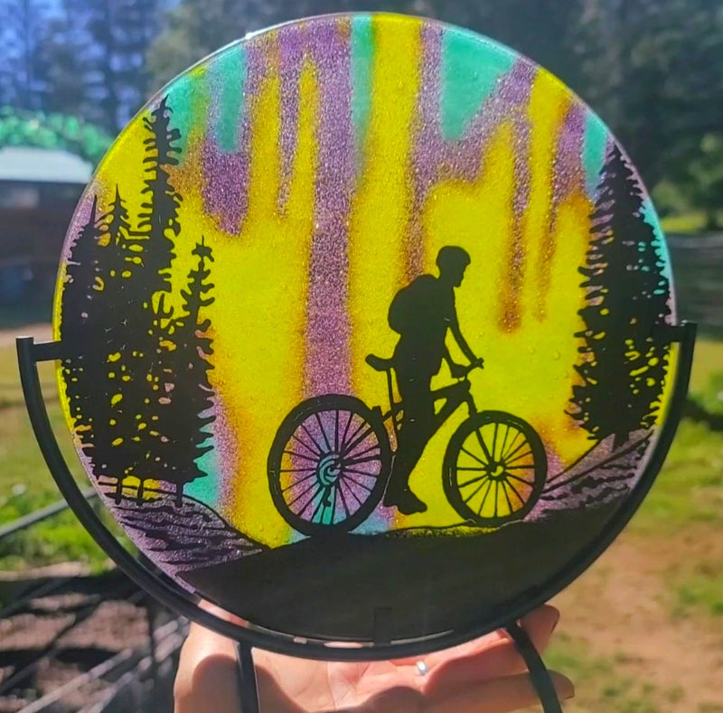 NEW Northern Lights Mountain Bike Ride Ashes InFused Glass Cremation Memorial Art