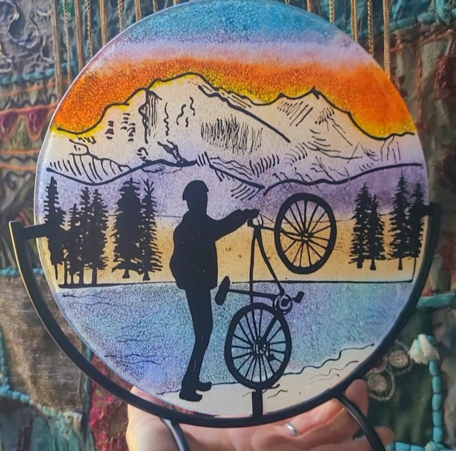 NEW Winter Mountain Bike Ride Ashes InFused Glass Cremation Memorial Art