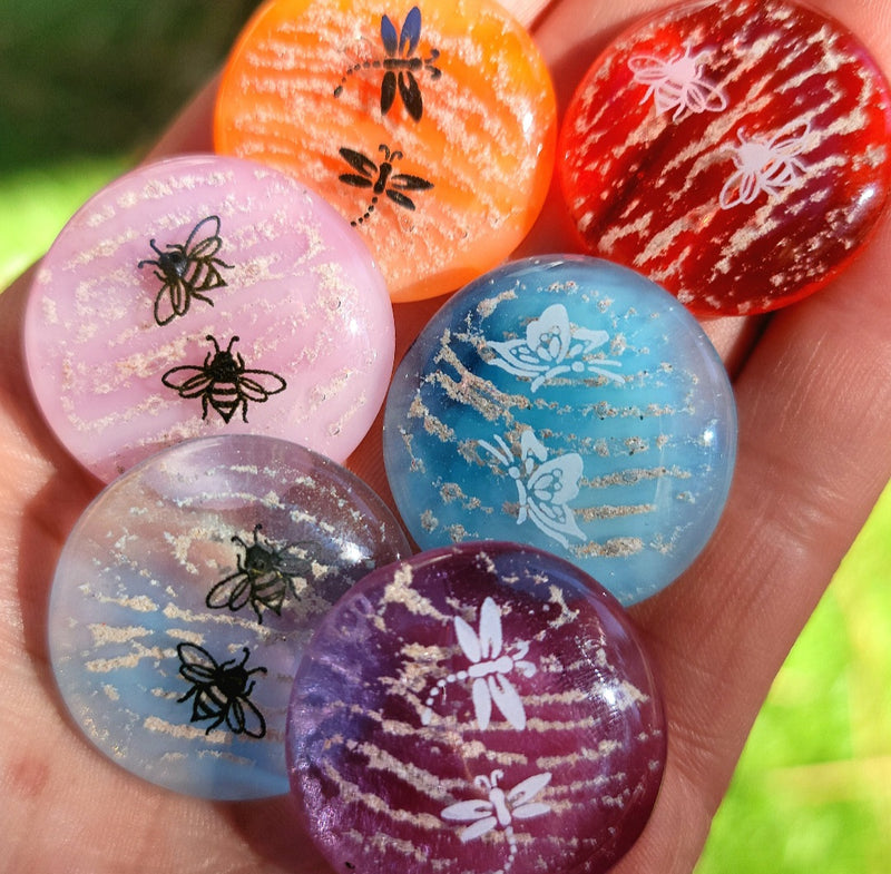 1.25 inch Customizable Bumblebee, Butterfly, Dragonfly Cremation Pocket Stones 4 (set) Ashes InFused Glass stones in Velvet Bag