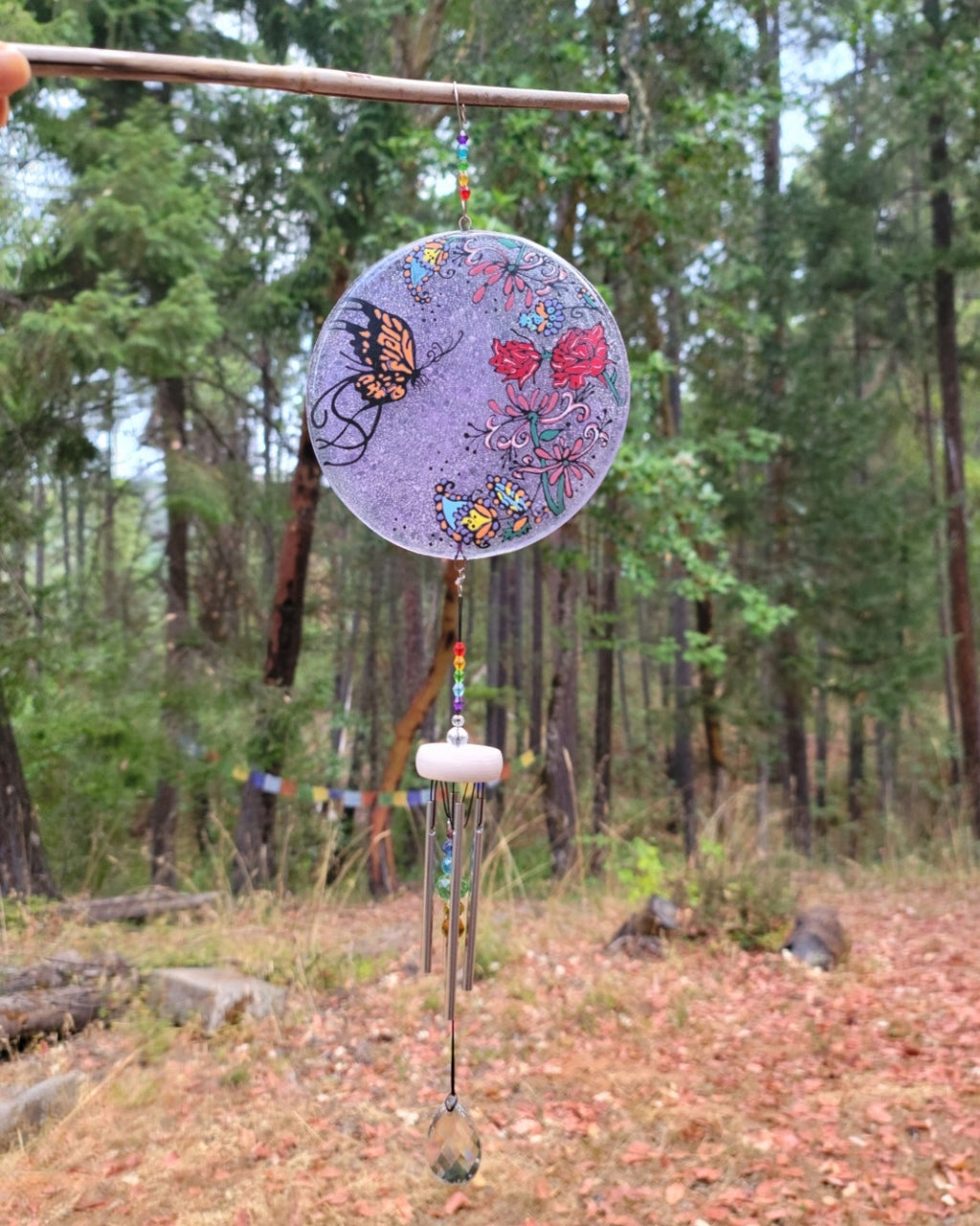 Paisley Butterfly Flowers Wind Chimes Rainbow Accent Ashes InFused Glass