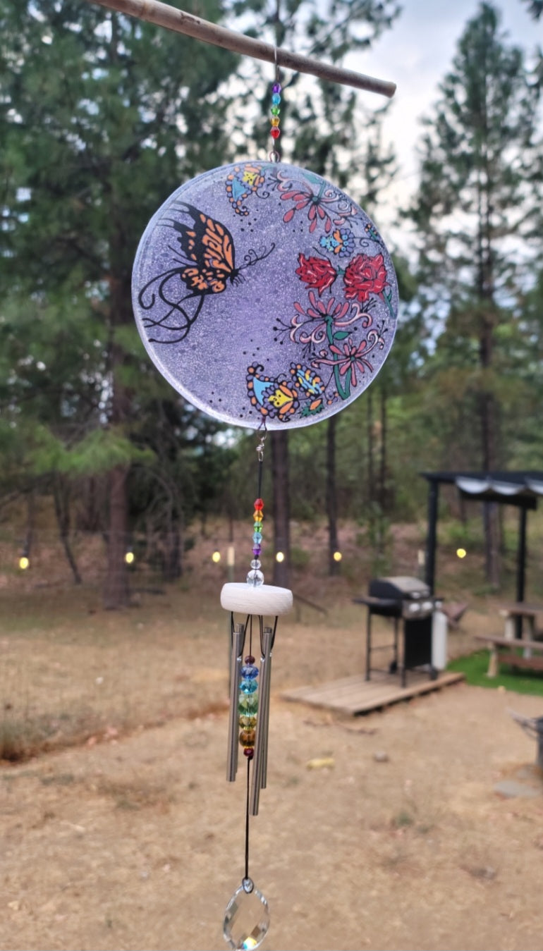 Paisley Butterfly Flowers Wind Chimes Rainbow Accent Ashes InFused Glass