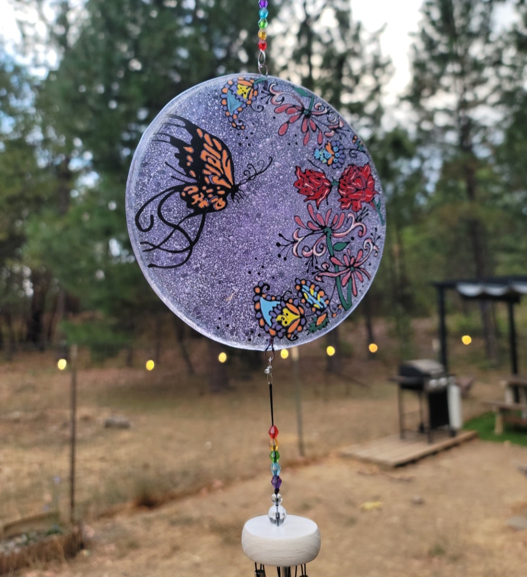 Paisley Butterfly Flowers Wind Chimes Rainbow Accent Ashes InFused Glass