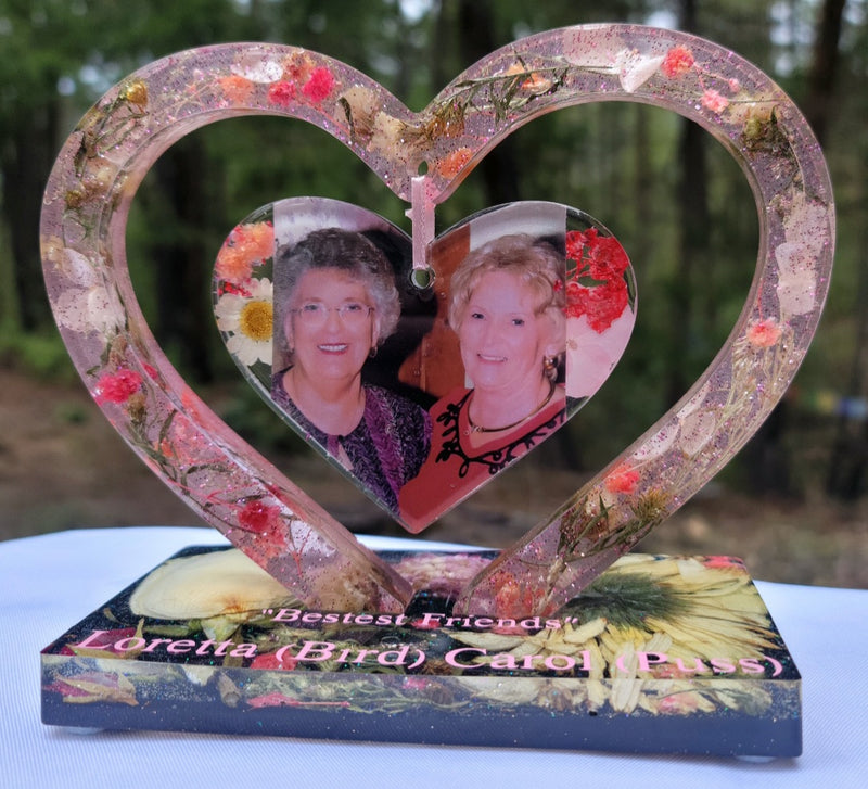 Best Friends Flowers Preservation Resin Encapsulation Heart Photo Frame Funeral Memorial Keepsake