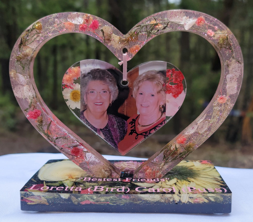 Best Friends Flowers Preservation Resin Encapsulation Heart Photo Frame Funeral Memorial Keepsake