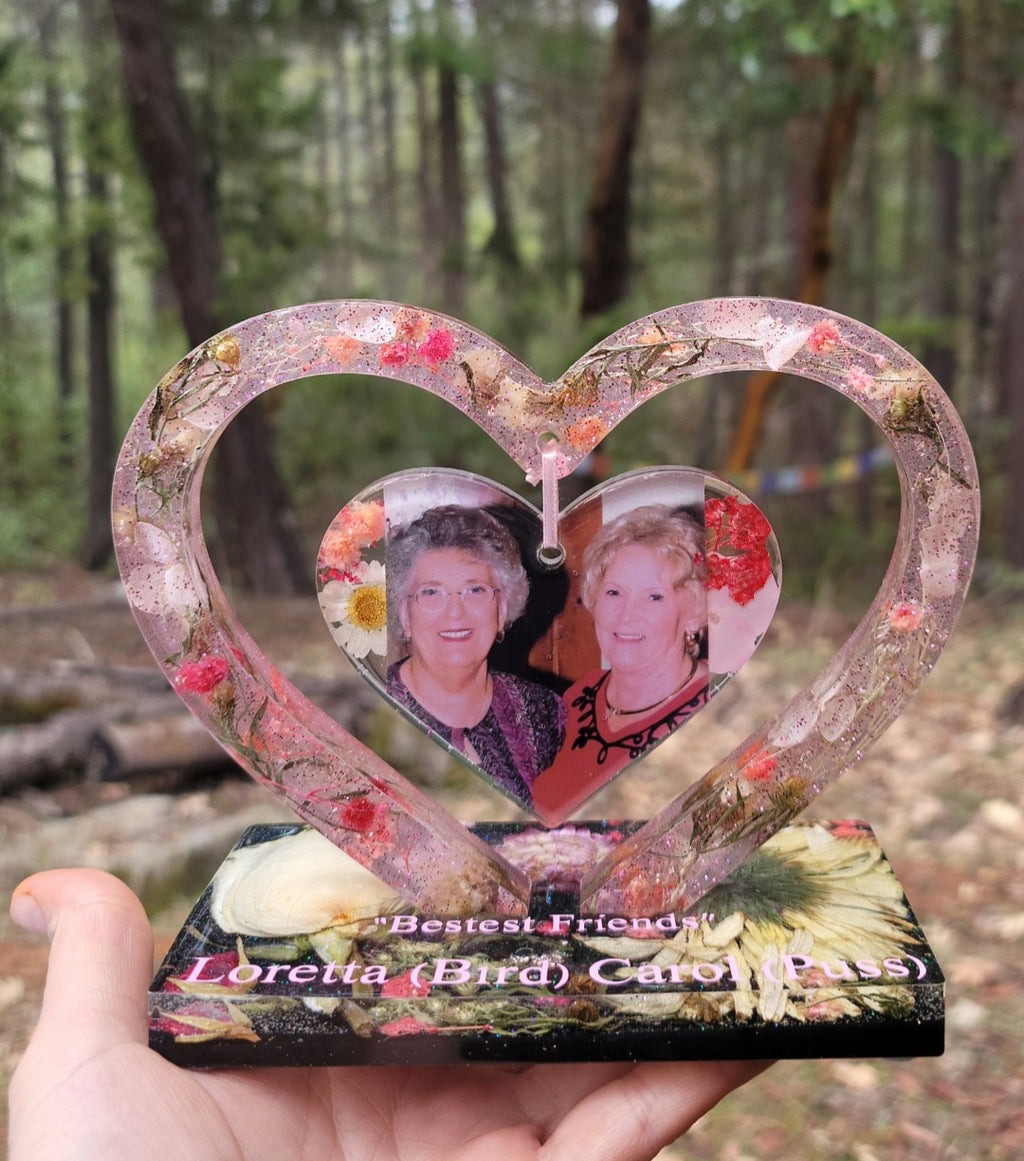 Best Friends Flowers Preservation Resin Encapsulation Heart Photo Frame Funeral Memorial Keepsake