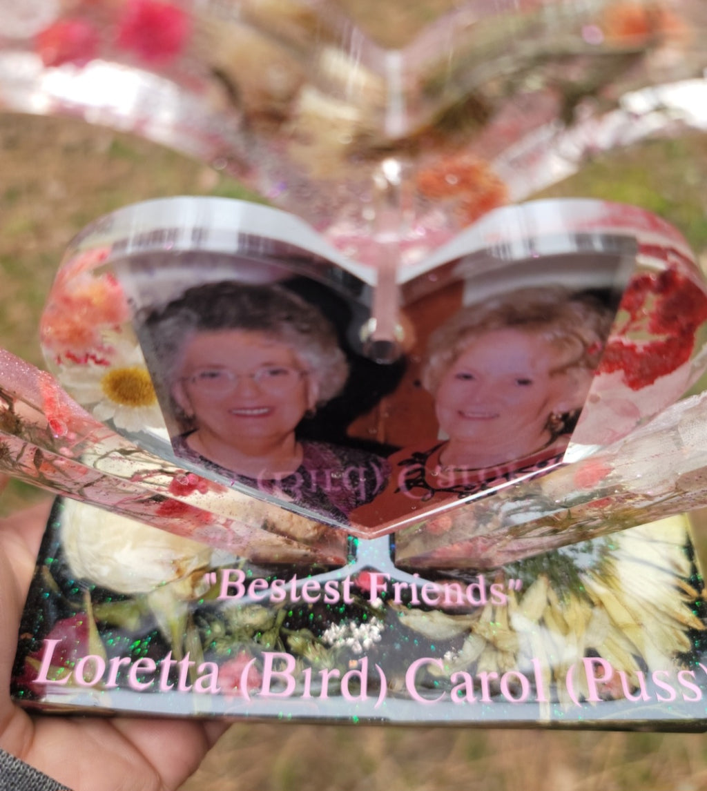 Best Friends Flowers Preservation Resin Encapsulation Heart Photo Frame Funeral Memorial Keepsake