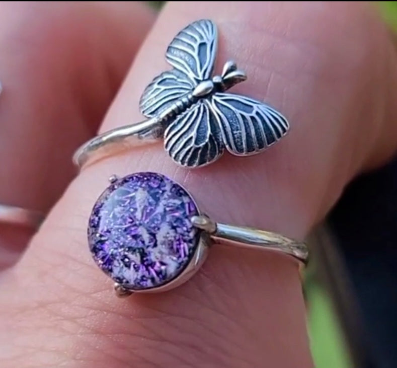 NEW Butterfly Cremation Ring for Ashes InFused Glass Hard Sterling Silver Urn Adjustable Size Fits 6,7,8,9,10 Half Sizing