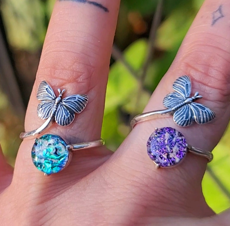 NEW Butterfly Cremation Ring for Ashes InFused Glass Hard Sterling Silver Urn Adjustable Size Fits 6,7,8,9,10 Half Sizing