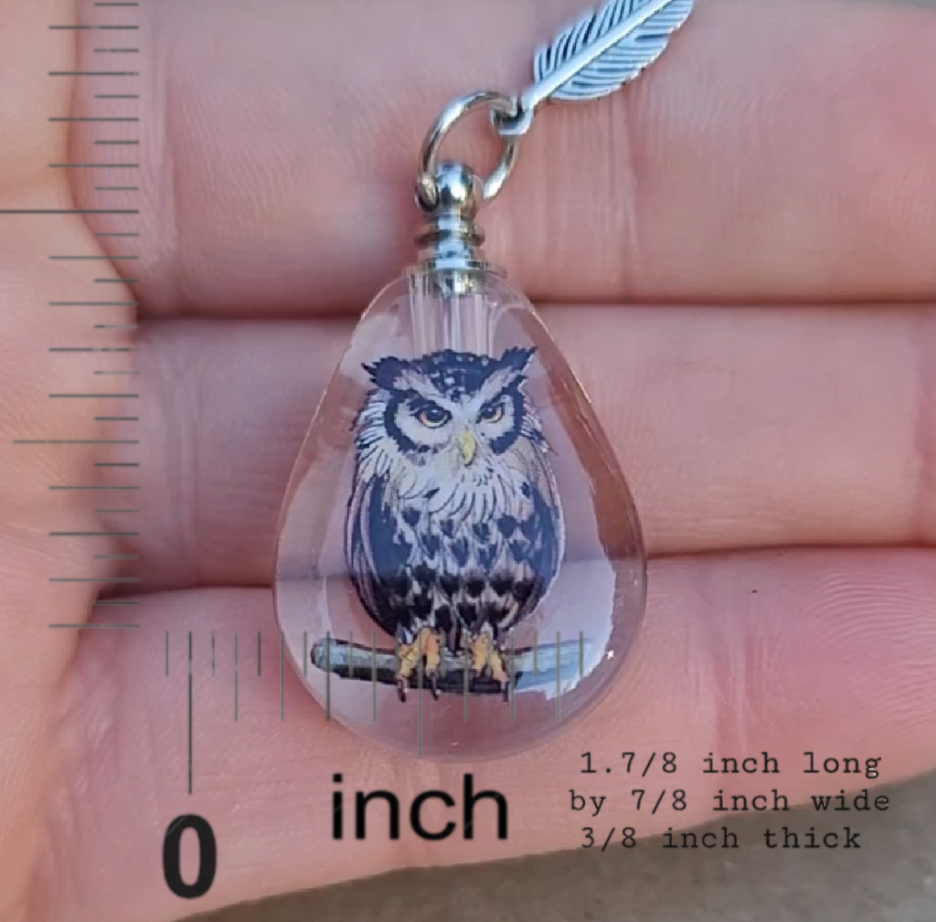 DIY Great Horned Owl Feather Wing Cremation Urn Crystal Bottle Necklace Fill Yourself