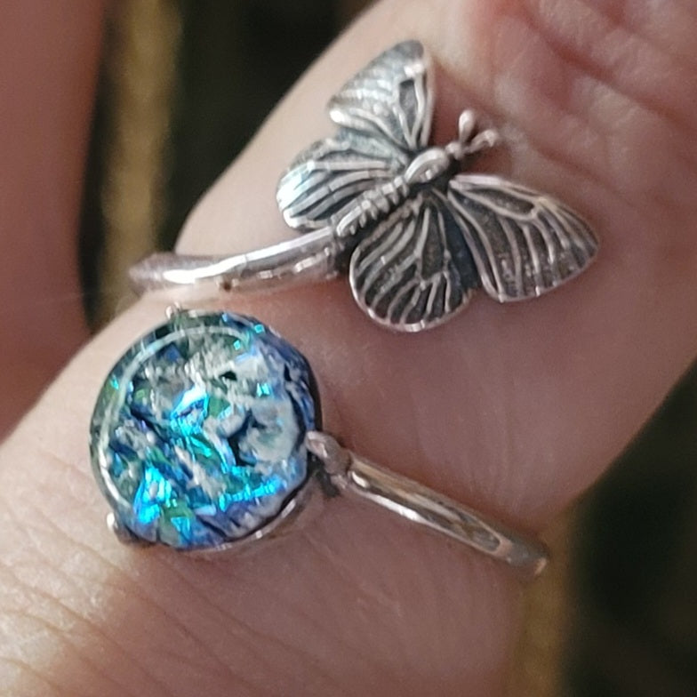 NEW Butterfly Cremation Ring for Ashes InFused Glass Hard Sterling Silver Urn Adjustable Size Fits 6,7,8,9,10 Half Sizing