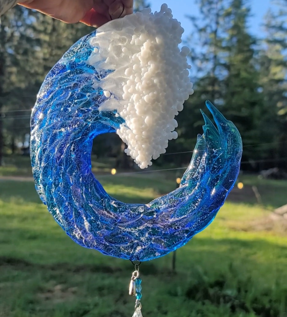 8 inch 3D Wave Sun Catchers Ashes InFused Glass Cremation Art Sun Catcher Ocean Beach Memorial