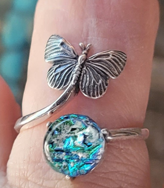 NEW Butterfly Cremation Ring for Ashes InFused Glass Hard Sterling Silver Urn Adjustable Size Fits 6,7,8,9,10 Half Sizing