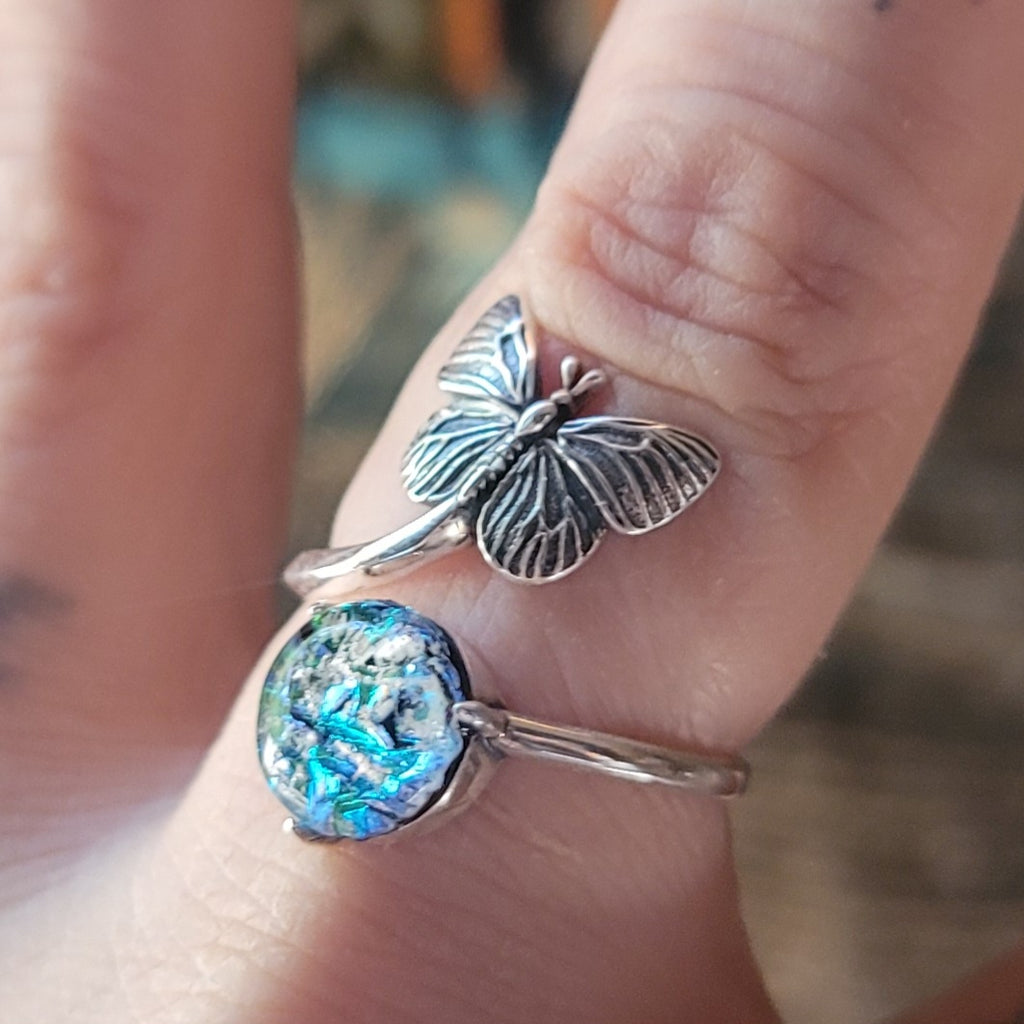 NEW Butterfly Cremation Ring for Ashes InFused Glass Hard Sterling Silver Urn Adjustable Size Fits 6,7,8,9,10 Half Sizing