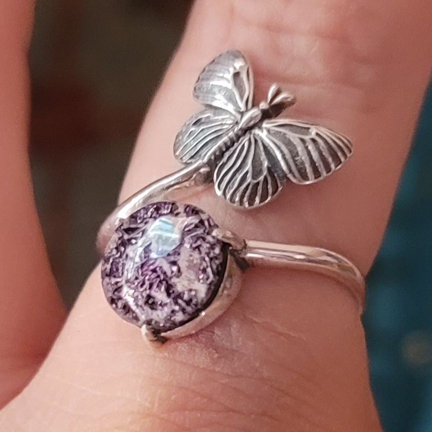 NEW Butterfly Cremation Ring for Ashes InFused Glass Hard Sterling Silver Urn Adjustable Size Fits 6,7,8,9,10 Half Sizing