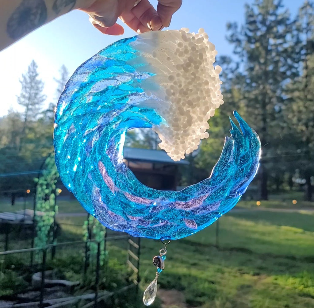 8 inch 3D Wave Sun Catchers Ashes InFused Glass Cremation Art Sun Catcher Ocean Beach Memorial