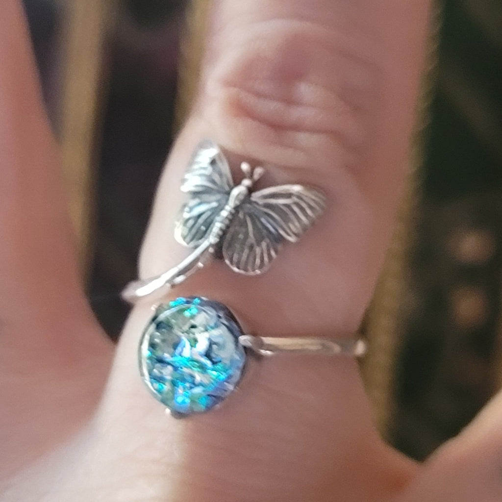 NEW Butterfly Cremation Ring for Ashes InFused Glass Hard Sterling Silver Urn Adjustable Size Fits 6,7,8,9,10 Half Sizing