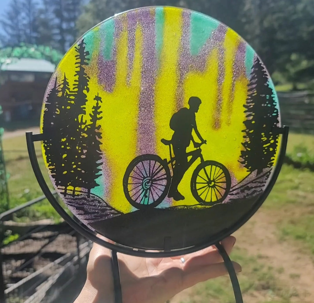 NEW Northern Lights Mountain Bike Ride Ashes InFused Glass Cremation Memorial Art