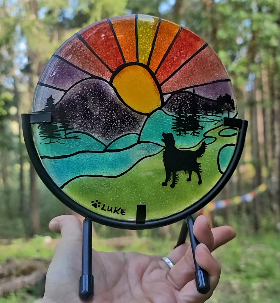 NEW Rainbow Bridge Sunset Ashes InFused Glass Cremation Memorial Art Custom Shillouette