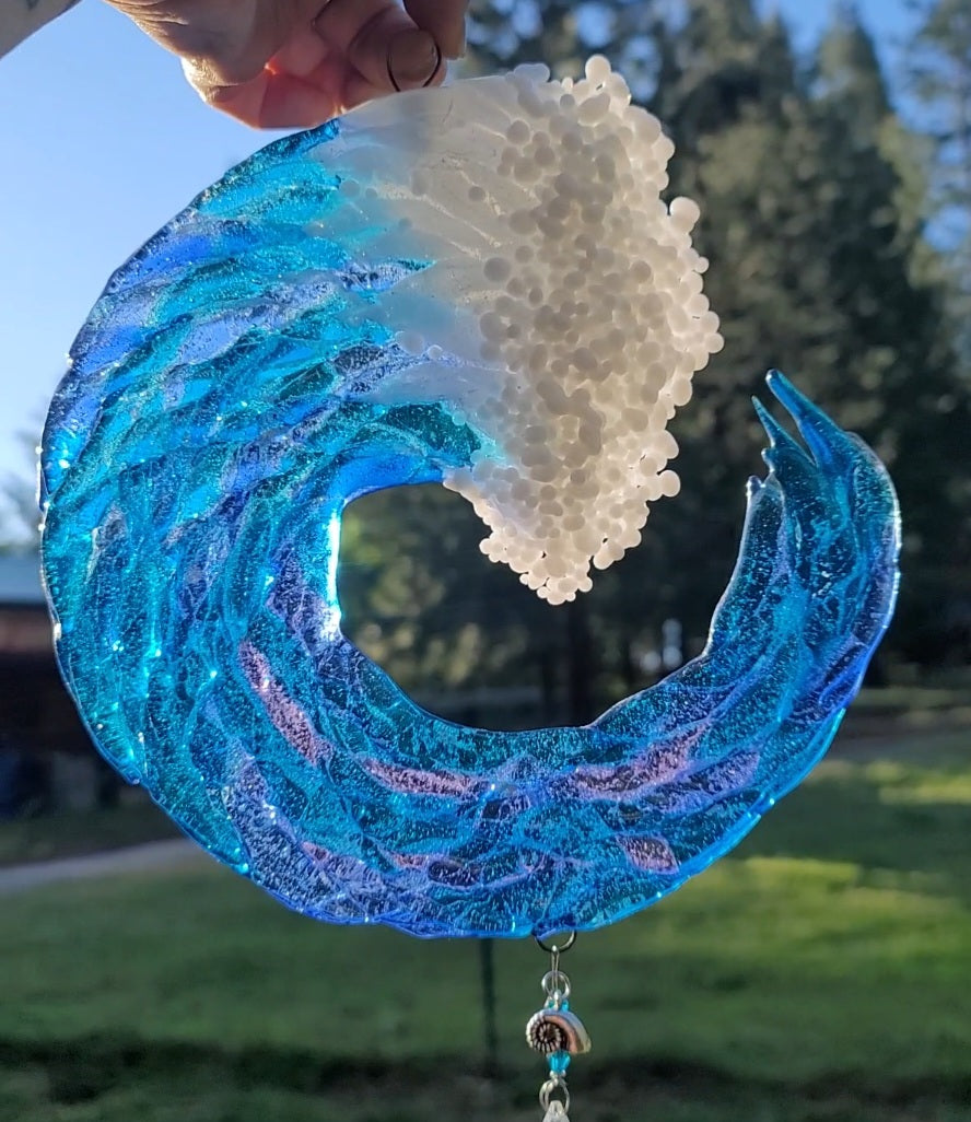 8 inch 3D Wave Sun Catchers Ashes InFused Glass Cremation Art Sun Catcher Ocean Beach Memorial