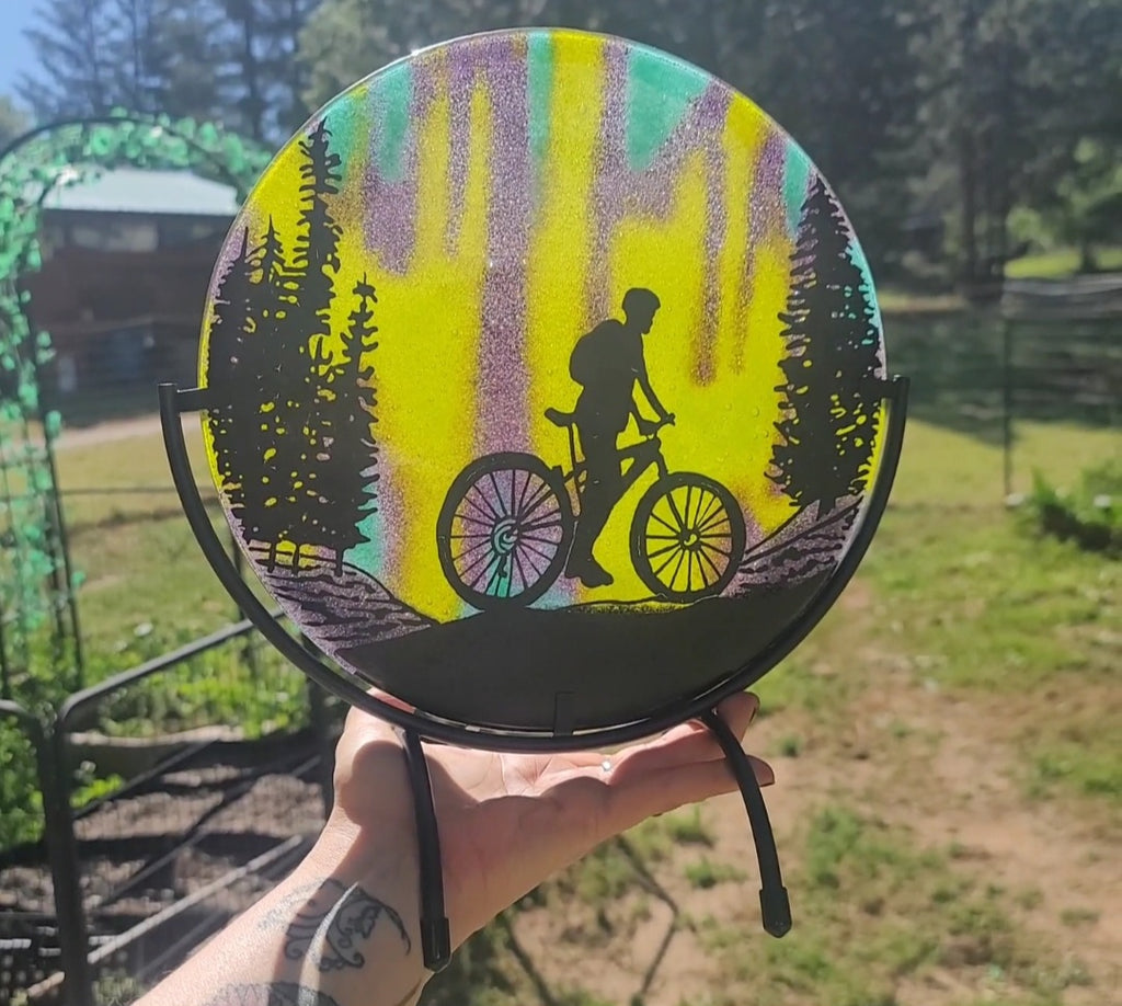 NEW Northern Lights Mountain Bike Ride Ashes InFused Glass Cremation Memorial Art