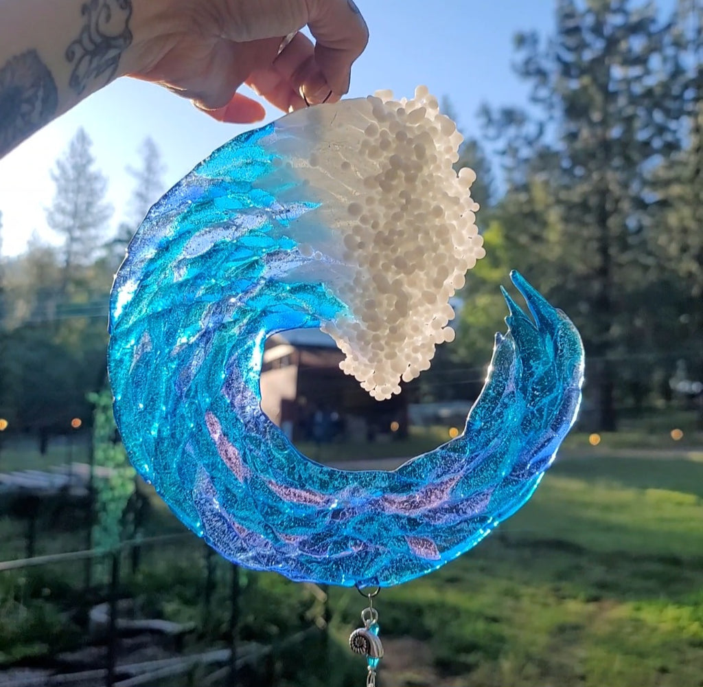 8 inch 3D Wave Sun Catchers Ashes InFused Glass Cremation Art Sun Catcher Ocean Beach Memorial