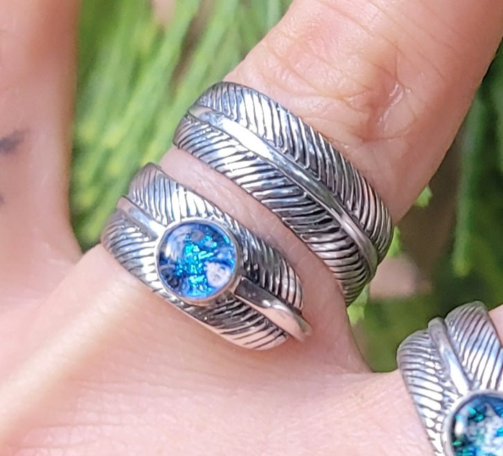 NEW Feather Wrap Cremation Ring Ashes InFused Glass Bali Sterling Silver Urn 7, 8, 9