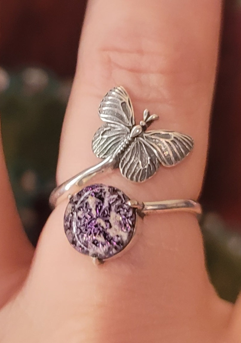 NEW Butterfly Cremation Ring for Ashes InFused Glass Hard Sterling Silver Urn Adjustable Size Fits 6,7,8,9,10 Half Sizing