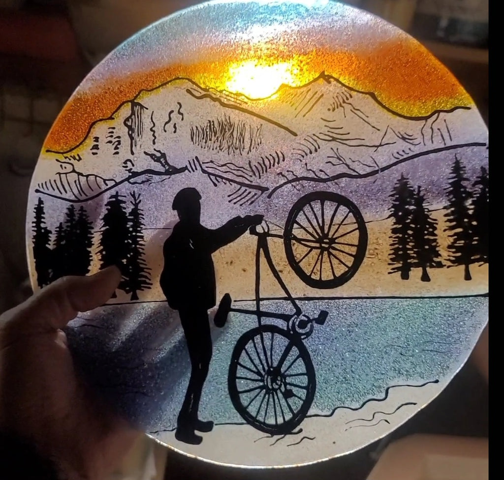 NEW Winter Mountain Bike Ride Ashes InFused Glass Cremation Memorial Art