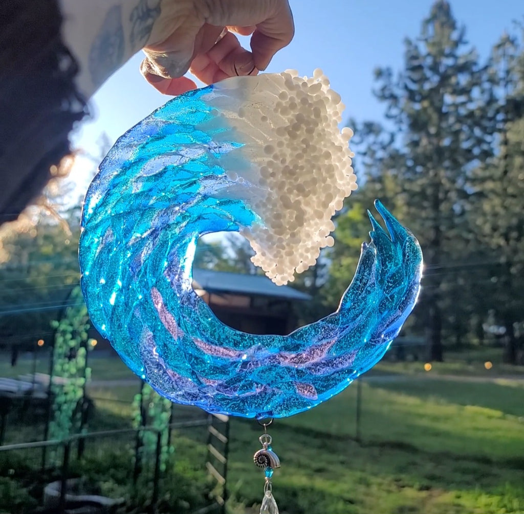 8 inch 3D Wave Sun Catchers Ashes InFused Glass Cremation Art Sun Catcher Ocean Beach Memorial