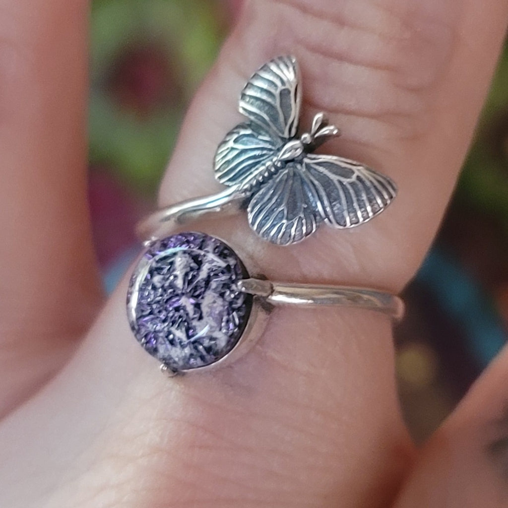 NEW Butterfly Cremation Ring for Ashes InFused Glass Hard Sterling Silver Urn Adjustable Size Fits 6,7,8,9,10 Half Sizing