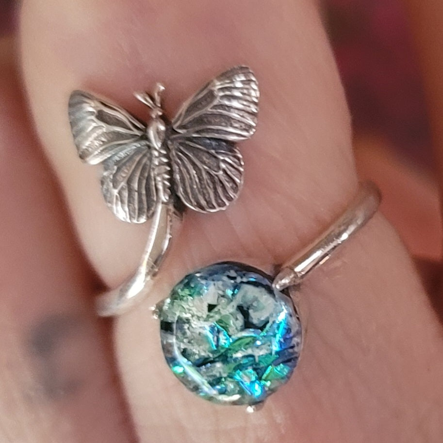 NEW Butterfly Cremation Ring for Ashes InFused Glass Hard Sterling Silver Urn Adjustable Size Fits 6,7,8,9,10 Half Sizing