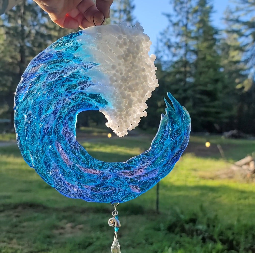 8 inch 3D Wave Sun Catchers Ashes InFused Glass Cremation Art Sun Catcher Ocean Beach Memorial