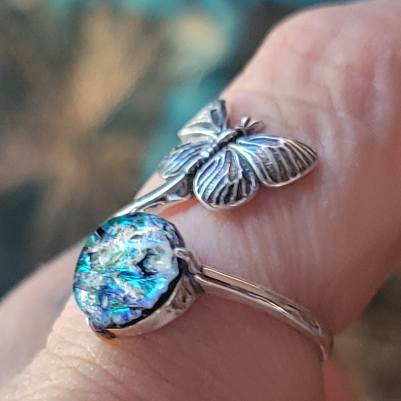 NEW Butterfly Cremation Ring for Ashes InFused Glass Hard Sterling Silver Urn Adjustable Size Fits 6,7,8,9,10 Half Sizing