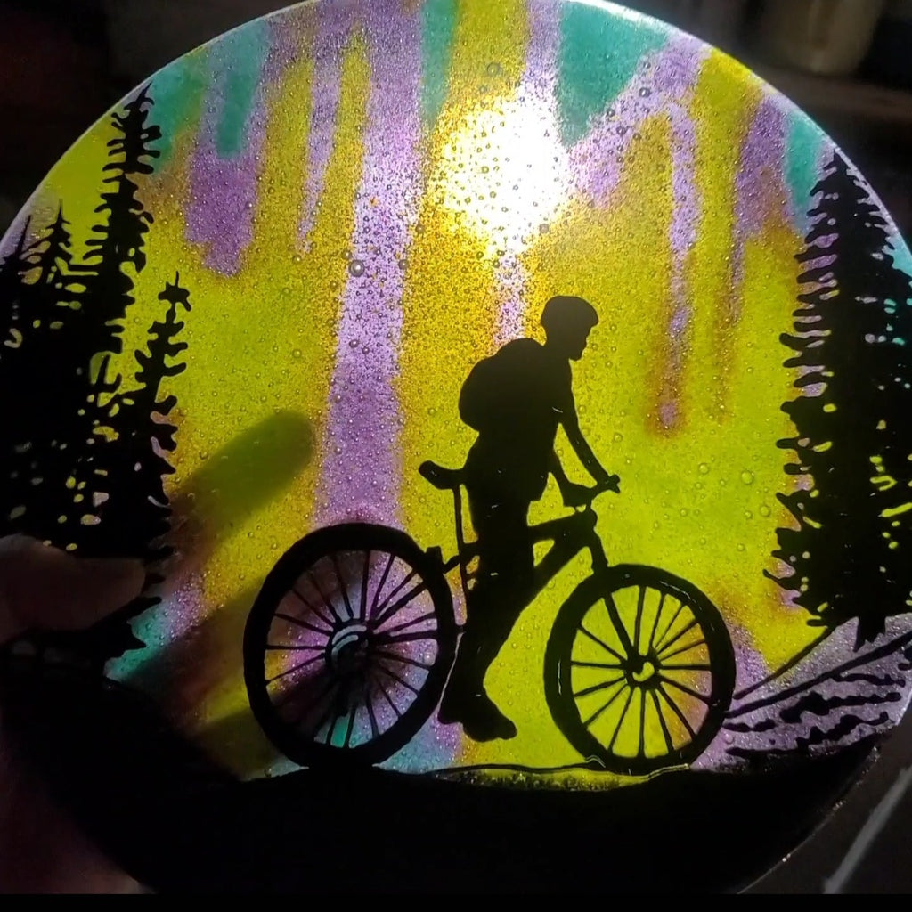 NEW Northern Lights Mountain Bike Ride Ashes InFused Glass Cremation Memorial Art