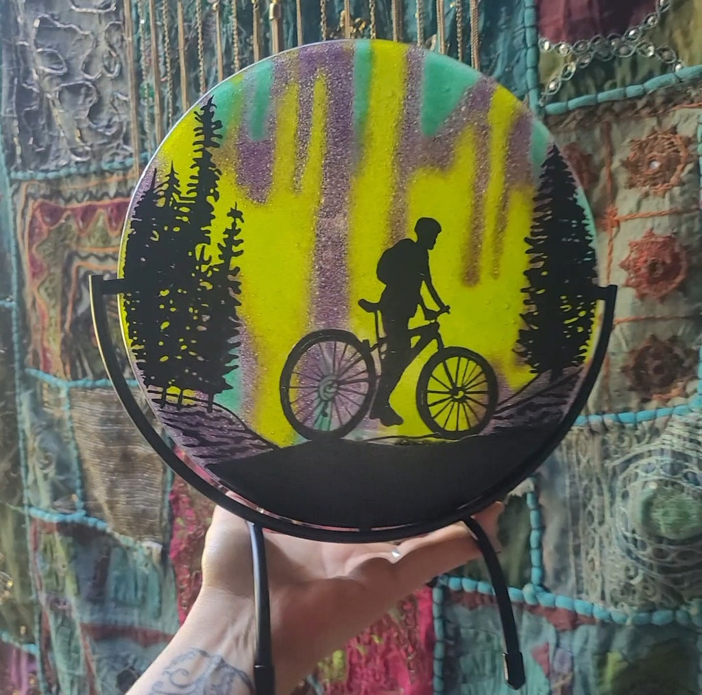 NEW Northern Lights Mountain Bike Ride Ashes InFused Glass Cremation Memorial Art