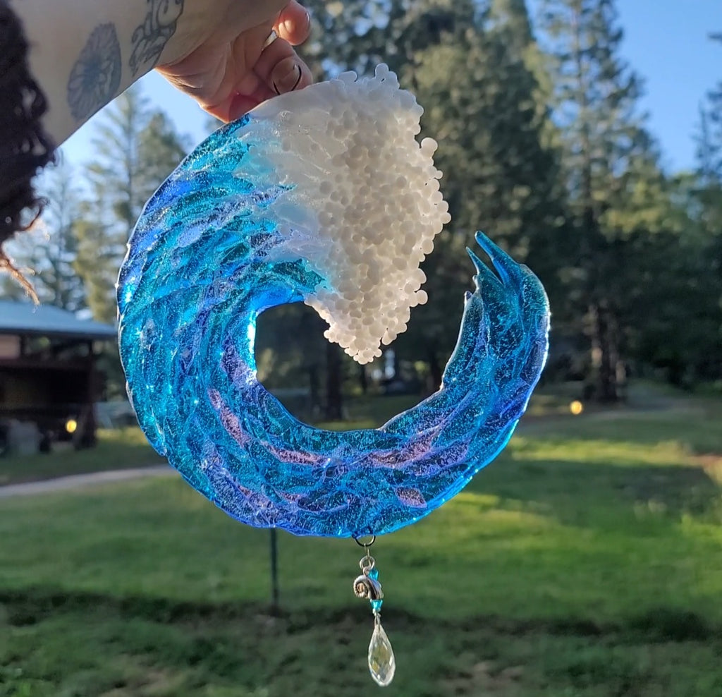 8 inch 3D Wave Sun Catchers Ashes InFused Glass Cremation Art Sun Catcher Ocean Beach Memorial