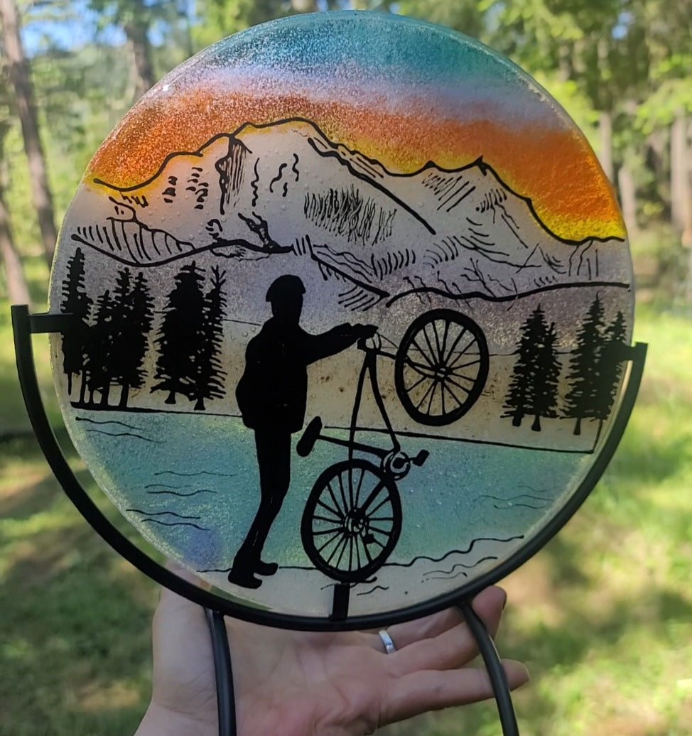 NEW Winter Mountain Bike Ride Ashes InFused Glass Cremation Memorial Art