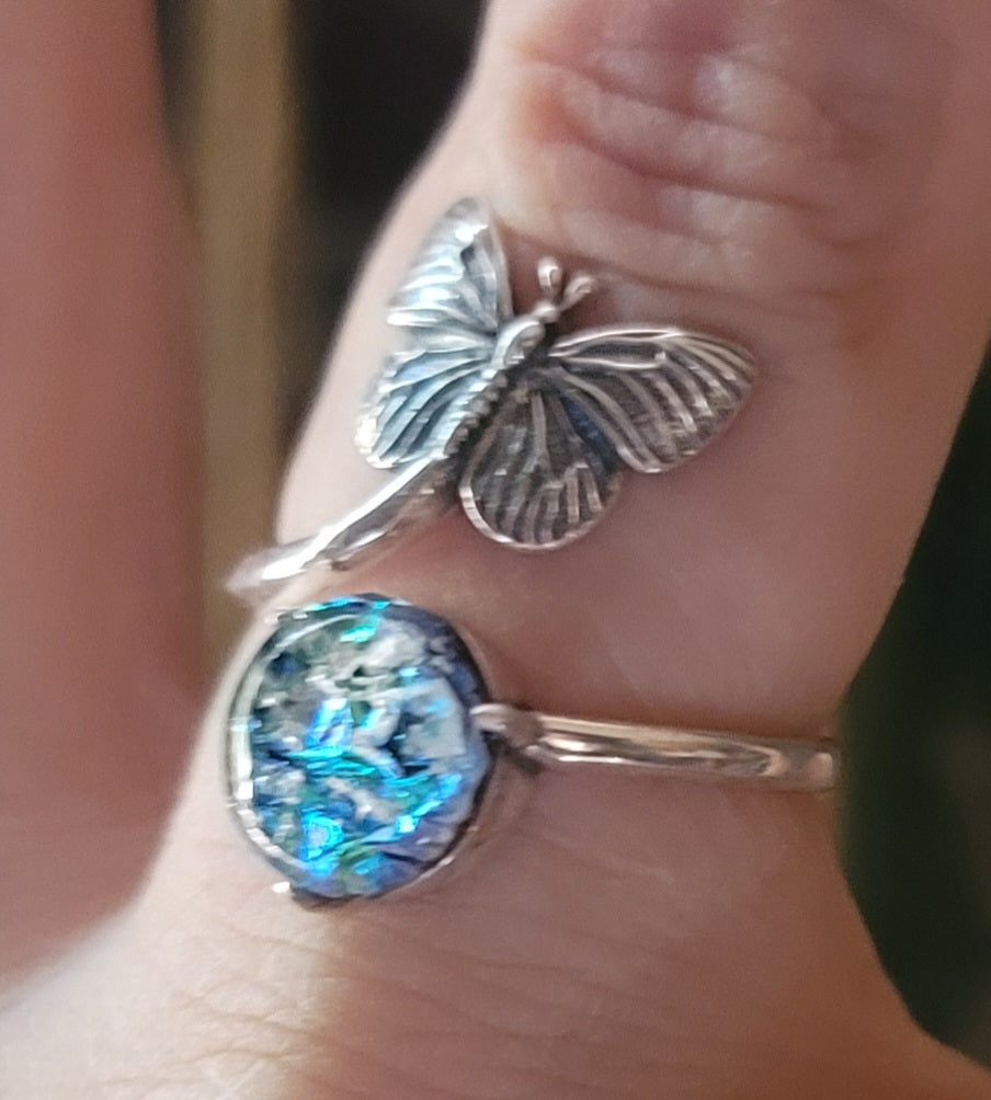 NEW Butterfly Cremation Ring for Ashes InFused Glass Hard Sterling Silver Urn Adjustable Size Fits 6,7,8,9,10 Half Sizing