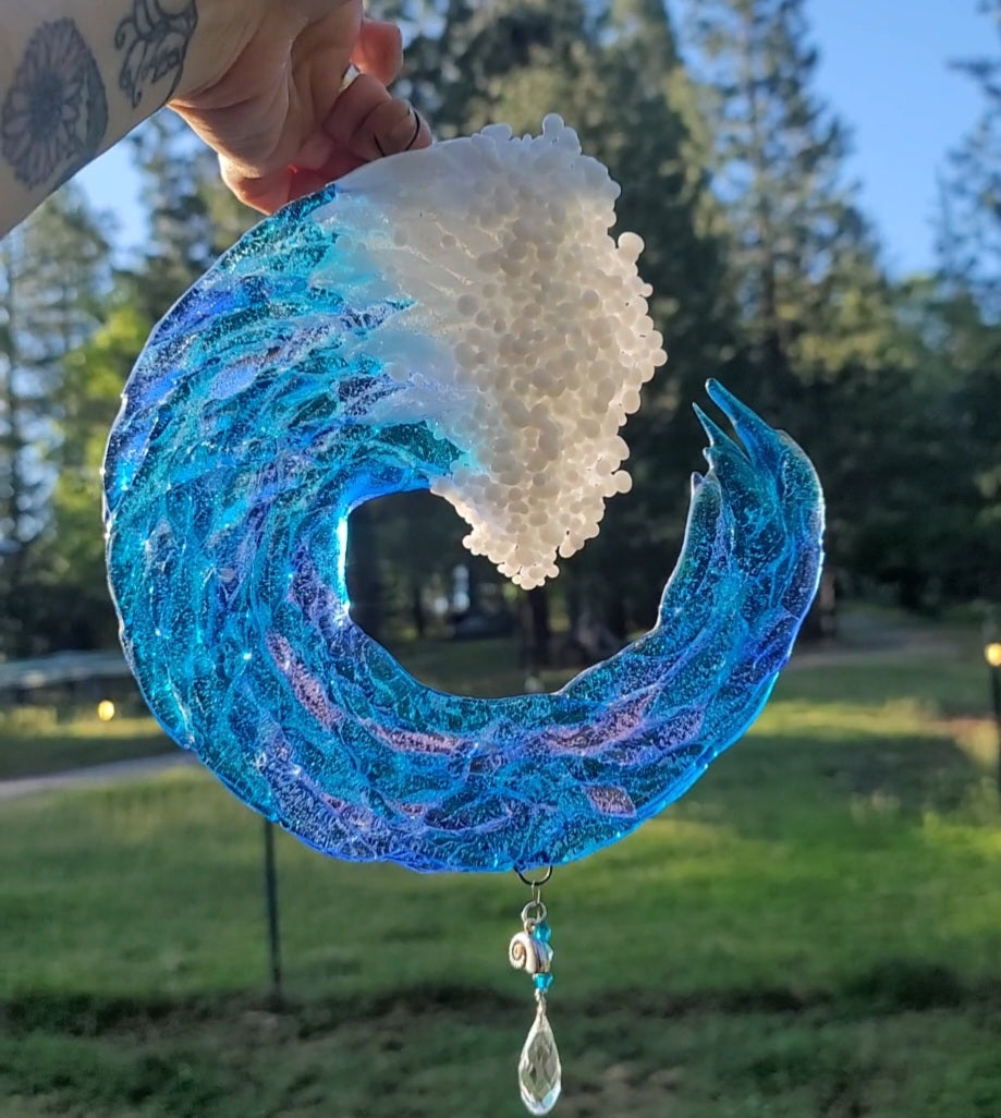 8 inch 3D Wave Sun Catchers Ashes InFused Glass Cremation Art Sun Catcher Ocean Beach Memorial