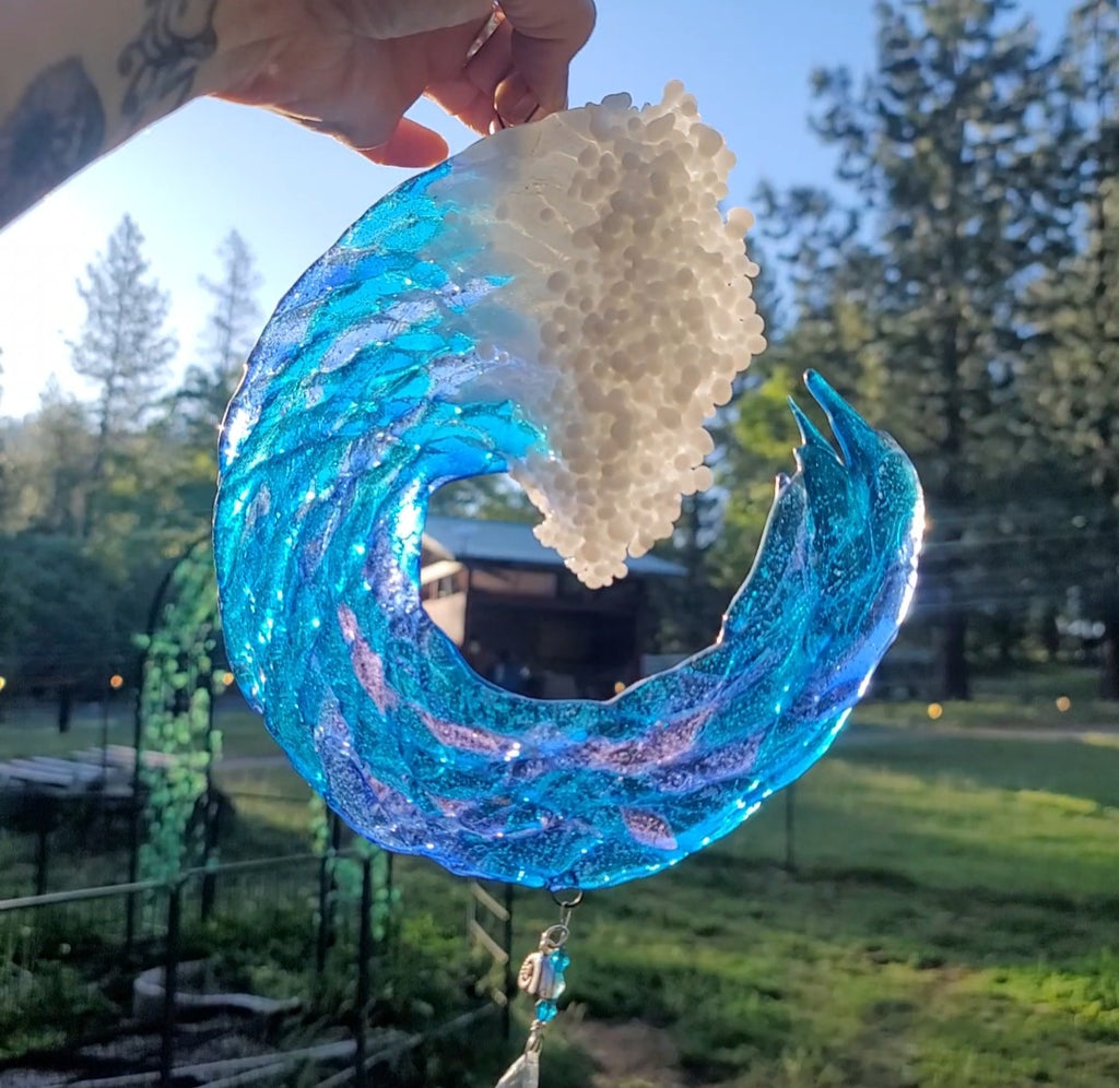 8 inch 3D Wave Sun Catchers Ashes InFused Glass Cremation Art Sun Catcher Ocean Beach Memorial